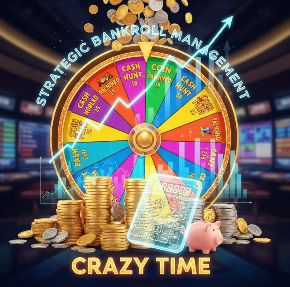 An image showing elements of a Crazy Time game wheel blended with financial symbols like coins, charts, or a calculator, representing the importance of managing funds in the game.