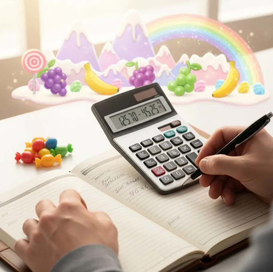 A person's hand using a calculator or writing in a ledger, with subtle Sweet Bonanza game elements in the background, symbolizing careful budgeting for slot play.