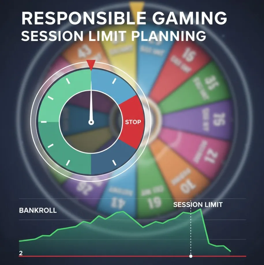 An image illustrating session limits, perhaps with a clock, a bankroll graph showing controlled spending, and a small representation of the Crazy Time wheel, emphasizing responsible gaming.