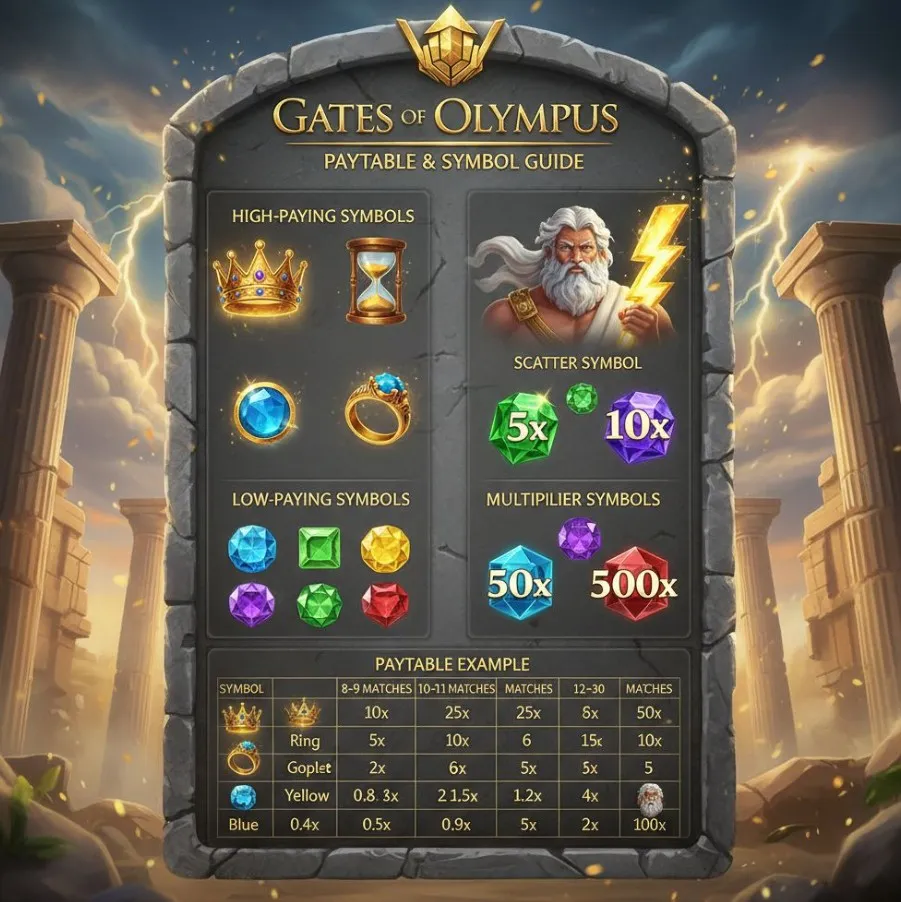  A detailed illustration of the Gates of Olympus slot game's symbols, showing high-paying (crown, hourglass), low-paying (gems), and special symbols (Zeus Scatter, multiplier orbs) arranged clearly on the reels.