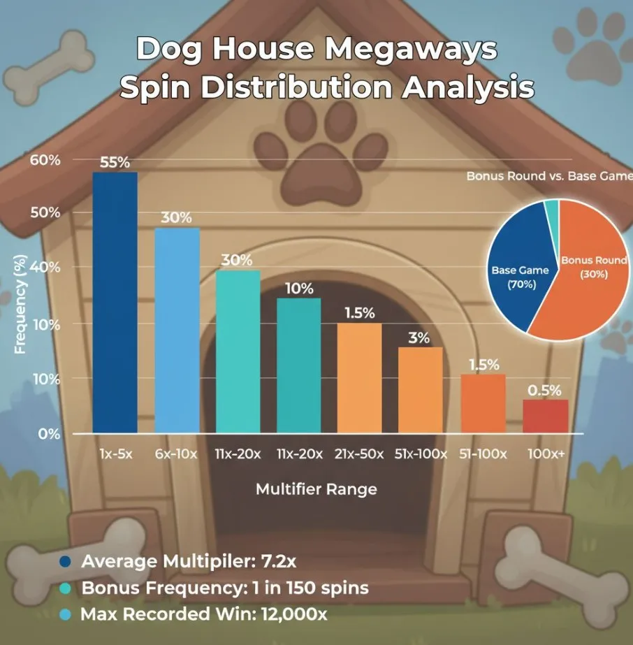 A visual representation of spin outcomes in The Dog House Megaways, showing a graph with many small bars (dead spins) and a few very tall bars (high-pay clusters), set against the game's background.