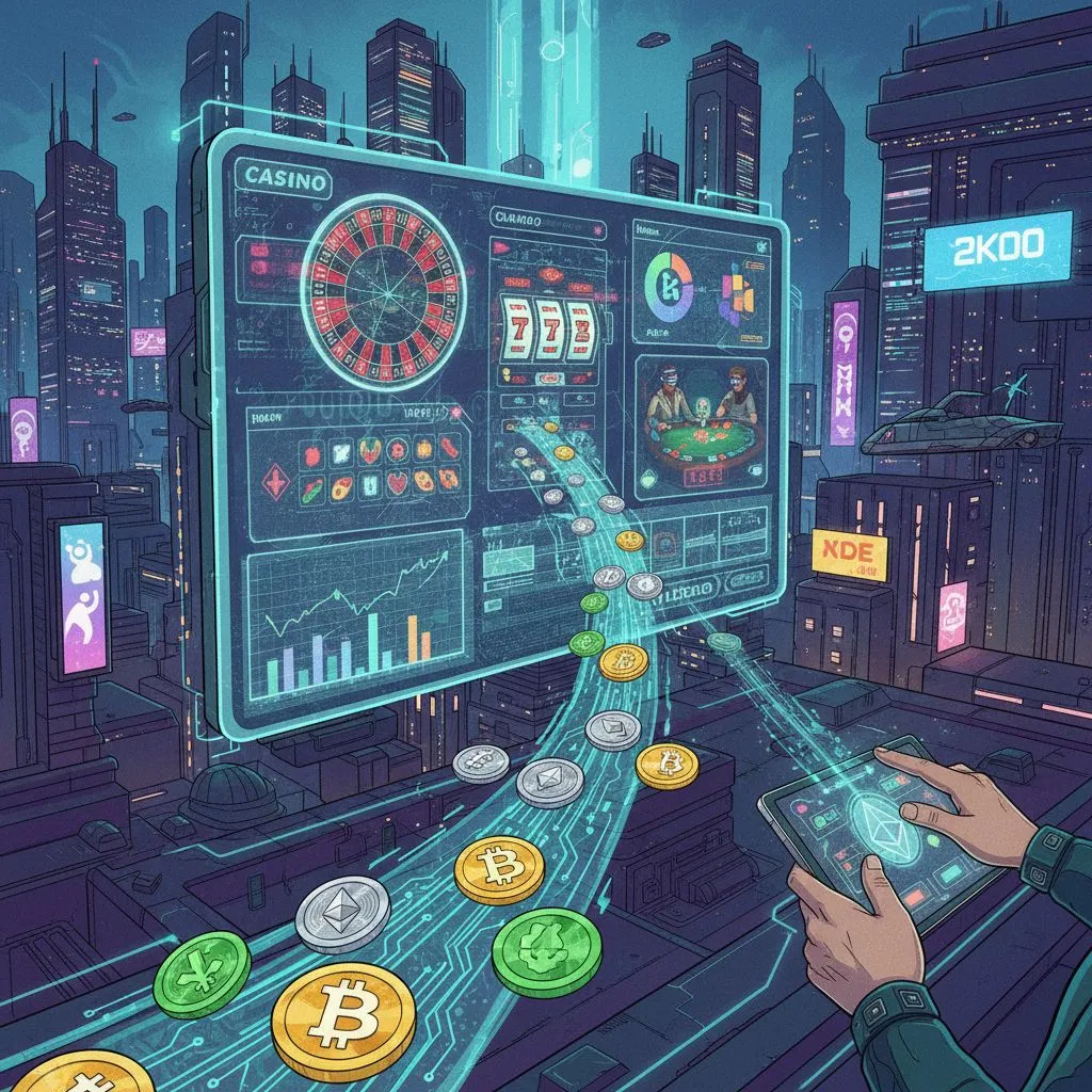 Illustration representing the intersection of cryptocurrency and online gambling, showing digital coins flowing into a casino interface.