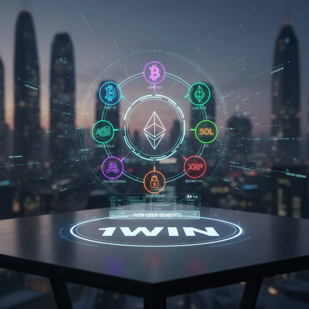 Infographic showing different cryptocurrency icons with arrows pointing to benefits like 'Fast', 'Low Fees', 'Stable', 'Secure', relevant for online betting.