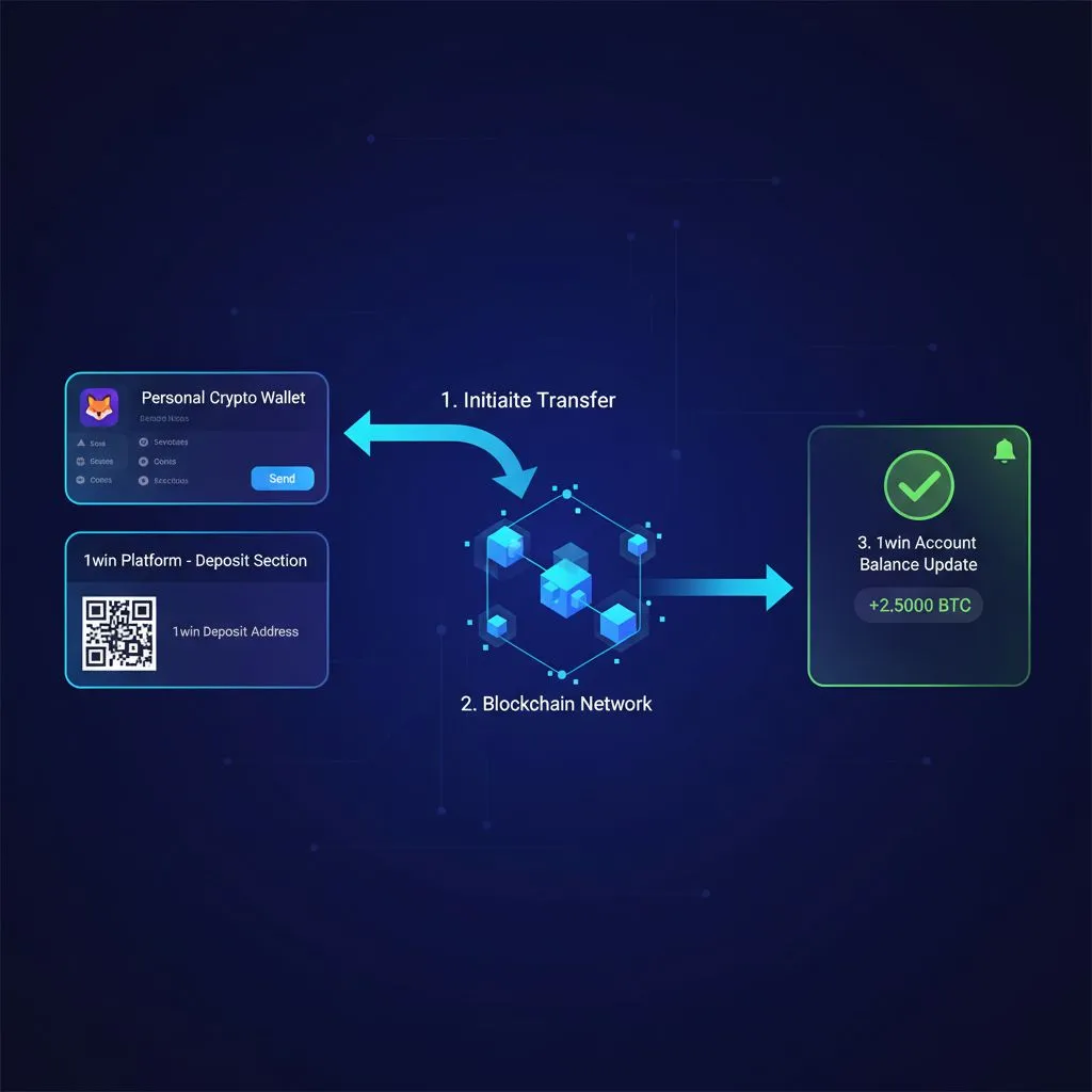 Diagram illustrating the crypto deposit and withdrawal process on 1win, with a mobile wallet, blockchain symbols, and a betting platform.